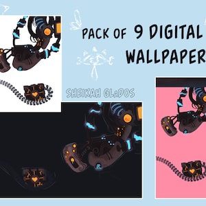 May include: A digital wallpaper pack featuring a robot with glowing blue lights and a heart-shaped object. The robot is suspended in the air and is surrounded by a chain of heart-shaped objects. The background is a gradient of pink and black. The text "PACK OF 9 DIGITAL WALLPAPERS" is displayed at the top of the image. The text "SHEIKAH GLADOS" is displayed below the image.