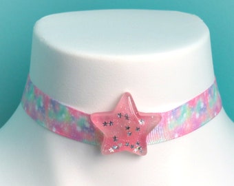 Pink Galaxy Jelly Star Choker - Fairy Kei, Pastel Goth, Glitter, Sparkle, Ribbon, Cute, Kawaii, Fashion