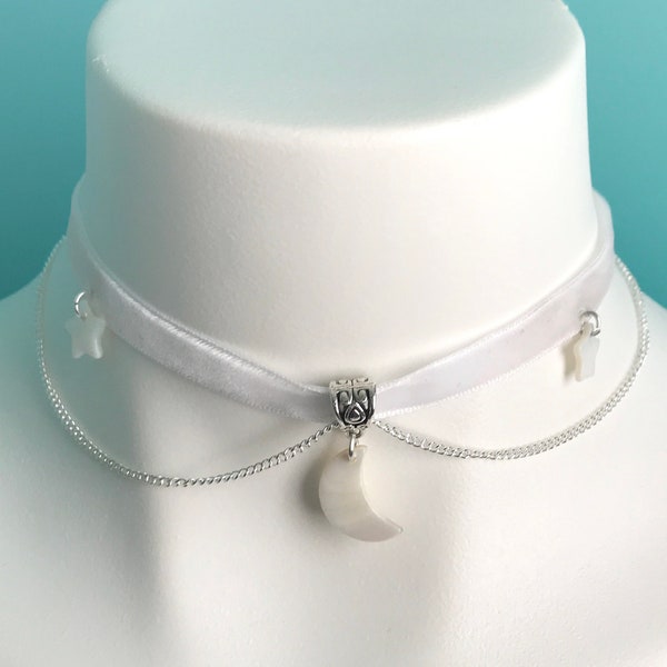 Little White Moon Velvet Choker with Natural Shell Stars - Wicca, Wiccan, Nature, Spiritual, Goddess, Energy, Earth, Magic