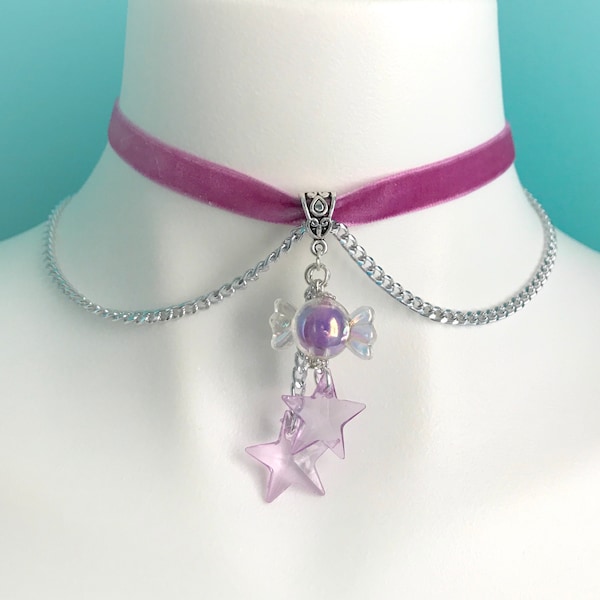 Purple Candy Star Choker - Fairy Kei, Pastel Goth, Ribbon, Velvet, Cute, Kawaii, with Chain