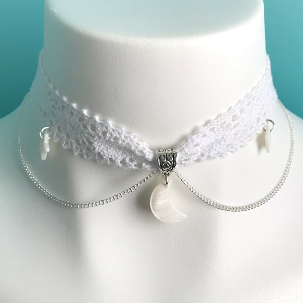 Little White Moon Lace Choker with Natural Shell Stars - Wicca, Wiccan, Nature, Spiritual, Goddess, Energy, Earth, Magic