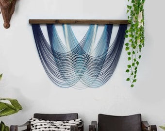 Dip Dye Macrame Wall Hanging, Fiber Art Wall Hanging, Macrame Headboard, Large Macrame Wall Hanging, Navy & Light Blue Macrame Wall Hanging