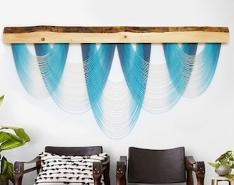 Dip Dye Macrame Wall Hanging, Macrame Headboard, Live Edge Wood Wall Art, Teal Macrame Wall Hanging, Extra Large Fiber Art Wall Hanging