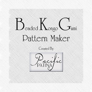 May include: Black and white logo for Beaded Kongo Gumi Pattern Maker, created by Pacific Patina.