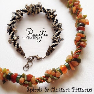 May include: A close-up of two beaded necklaces with different patterns. The top necklace is made with black and white beads and features a spiral pattern. The bottom necklace is made with green, orange, and brown beads and features a cluster pattern. The text "Pacific Patina" is visible in the center of the image.