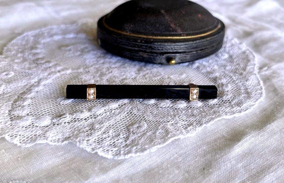 Victorian 14K Gold Mourning Brooch: Black Obsidian & Seed Pearl