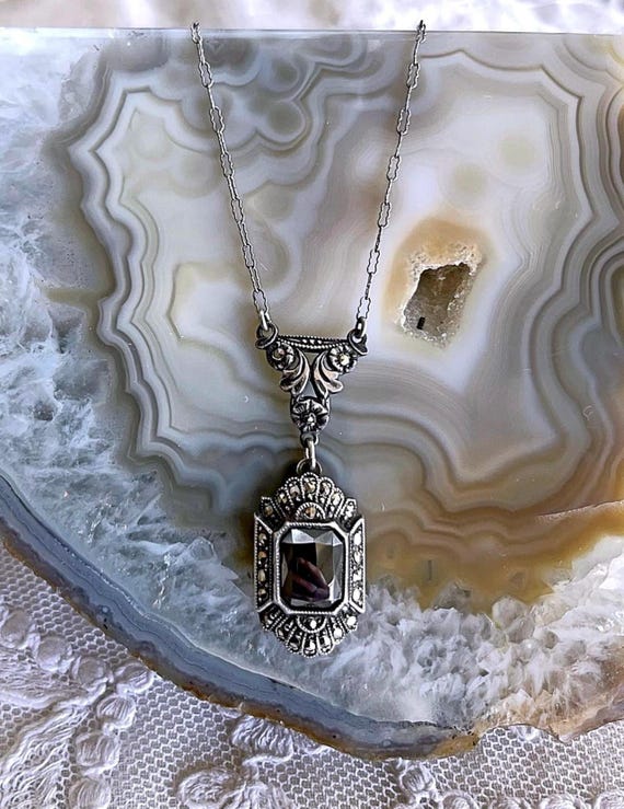 Antique Edwardian Sterling Silver Filagree Paper Clip Chain  faceted genuine Hematite Marcasite accented Necklace