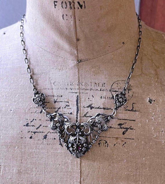 Vintage Austro-Hungarian Bohemian Revival Sterling Silver genuine Diamond Amethyst accented Collar Necklace