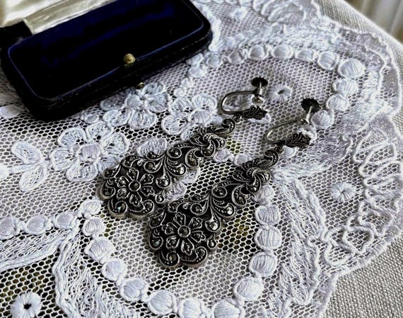 Art Deco Marcasite 935 Silver Drop Earrings: Vintage European Screw Backs