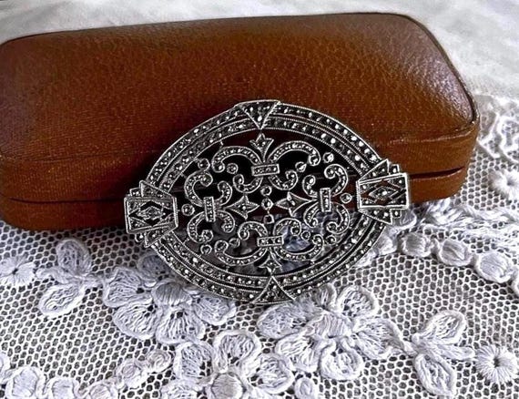 Ciner 1930s Art Deco Sterling Silver Marcasite accented Lapel Brooch