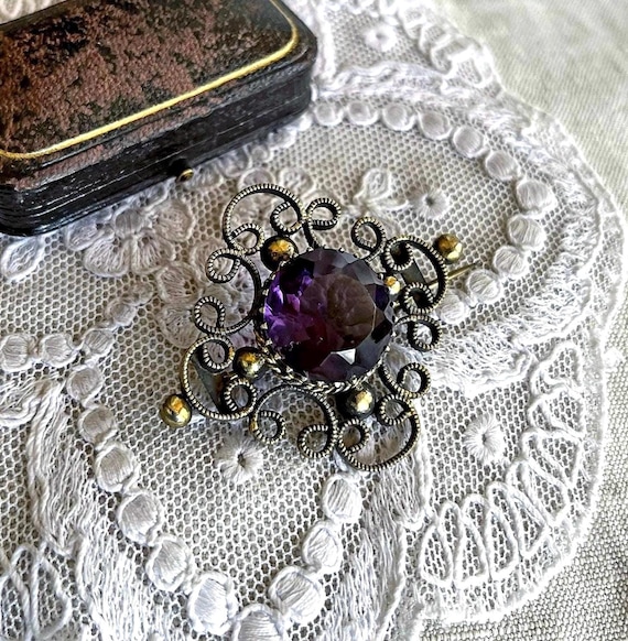 Antique Jugendstil Art Nouveau 835 Silver Gold Pinchback  brilliant faceted Amethyst Purple Paste Stone adorned Brooch