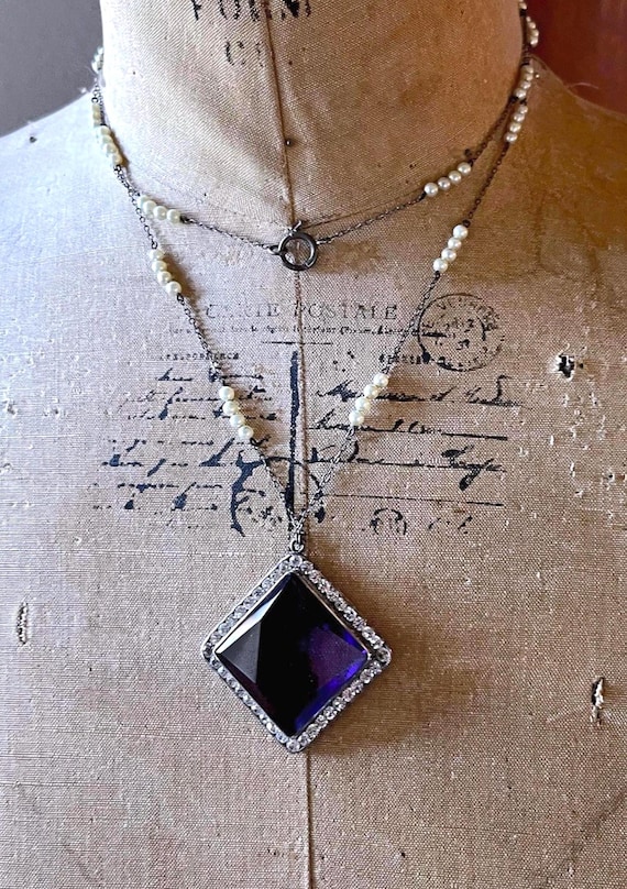 Art Deco Sterling Silver Paste Stone Necklace: Emerald Purple & Seed Pearl