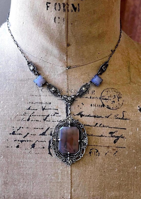 Impressive antique 1910s Edwardian Sterling Silver genuine Blue Chalcedony faceted Marcasite accented luminous stamped Lavaliere Necklace