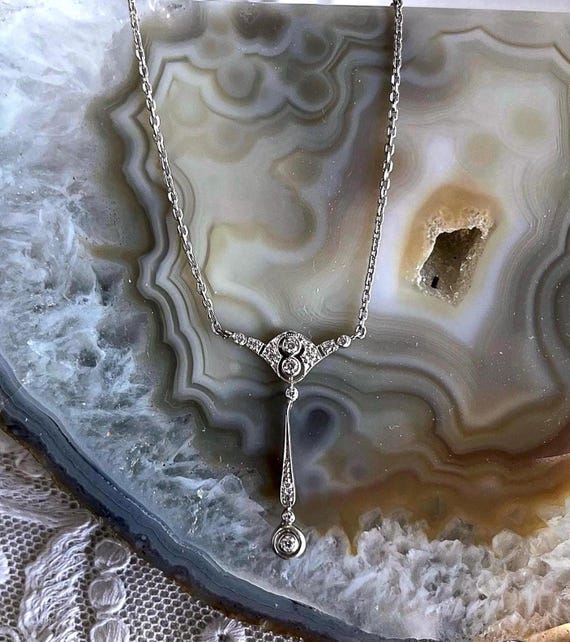 Vintage Edwardian Revival lovely Sterling Silver 925 faceted CZ accented hallmarked Lavaliere Necklace
