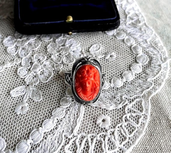 Antique Victorian Aesthetic Sterling Silver decorative carved Coral Glass Cameo signed size 5.5 hallmarked Statement Ring