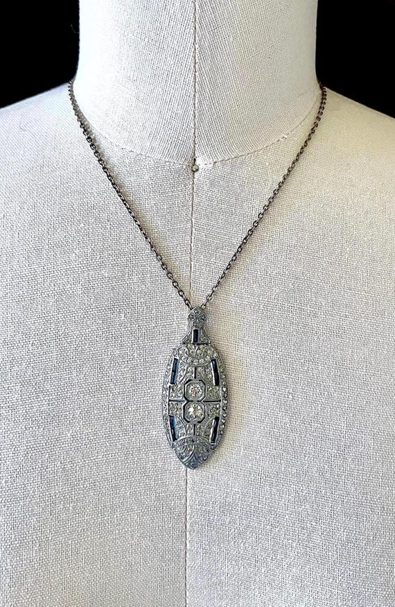 Brilliant antique Art Deco 1920s-30s Rhodium Plated Pot Metal pristine faceted Sapphire Blue and White Paste Stone accented Pendant Necklace