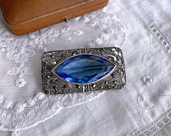 Vintage Art Deco German Sterling Sapphire Blue Paste Stone Marcasite accented Brooch