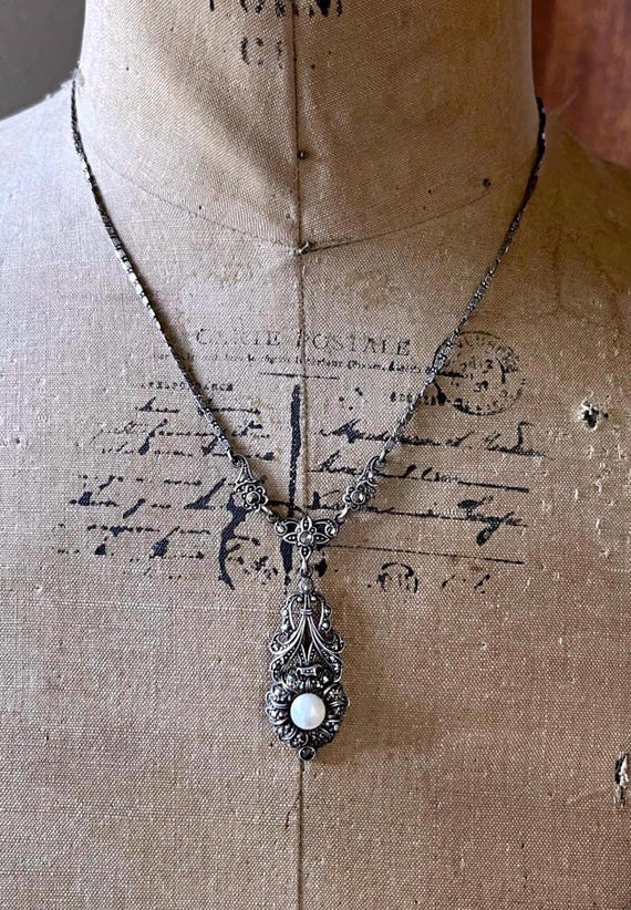 Vintage Swedish Art Deco Sterling Silver Pearl Marcasite Y Necklace