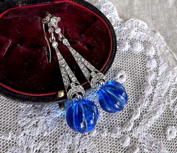 Vintage Art Deco Sterling Silver Cobalt Blue Glass faceted Paste Stone accented hallmarked Drop Earrings