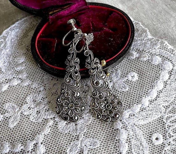 Art Deco Marcasite 935 Silver Drop Earrings: Vintage European Screw Backs