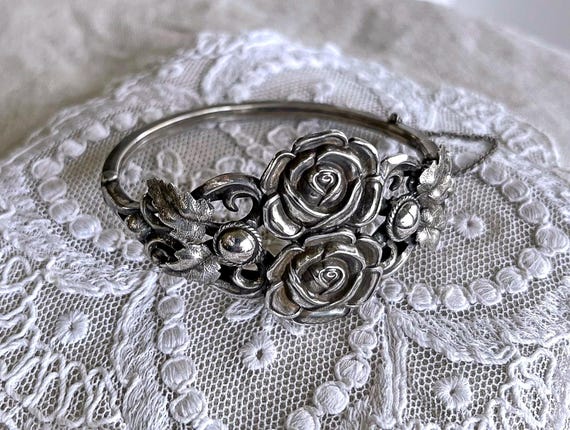 Antique Art Nouveau Sterling Silver Rose Motif Bangle Bracelet