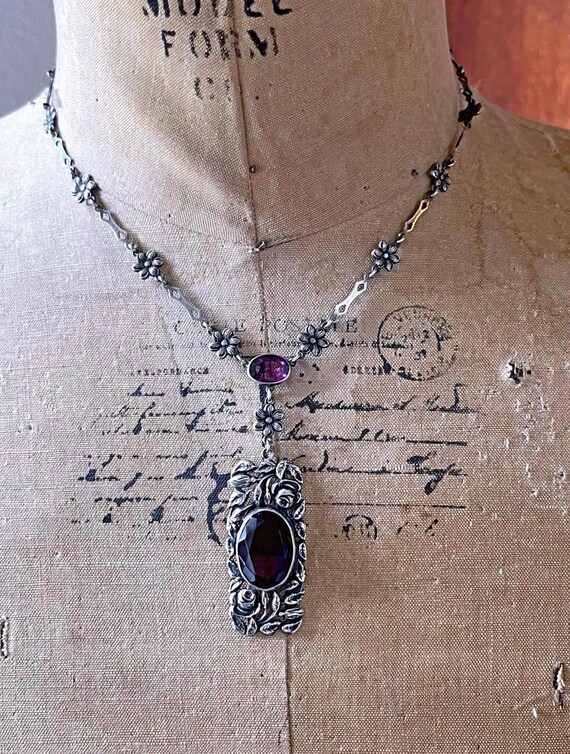 Magnificent antique Art Nouveau Sterling silver Amethyst Paste Stone Floral Motif Lavaliere Necklace