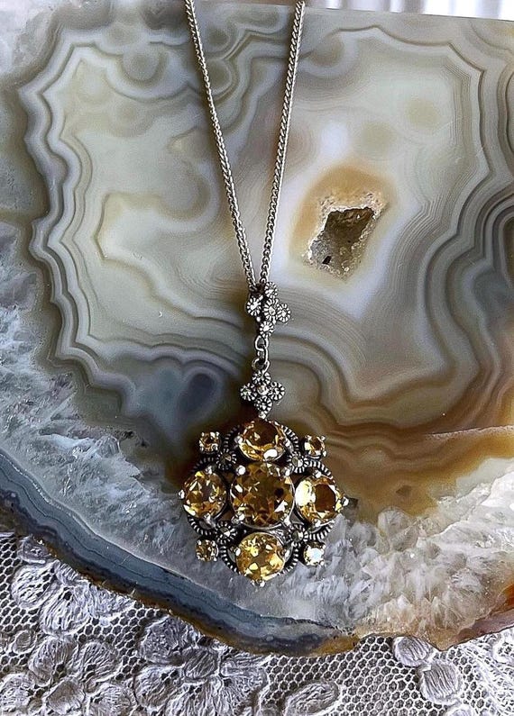 Brilliant vintage Lavish by TJM Sterling Silver genuine faceted Citrine Marcasite accented beautiful hallmarked Desiner Pendant Necklace