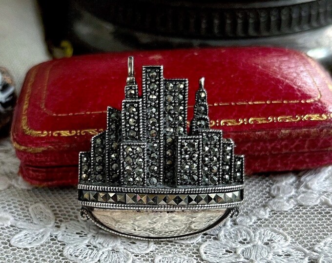 Vintage Art Deco Revival Sterling Silver 925 faceted Marcasite Crystal accented lovely stamped Cityscape Statement Brooch