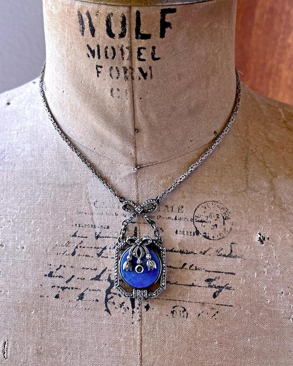 Art Deco Revival Sterling Silver Lapis Lazuli Marcasite Necklace – Geometric Pendant