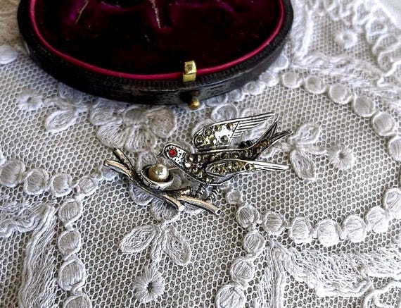 Romantic vintage 1940s Portugal 835 Silver Garnet Seed Bead Glass Pearl faceted Marcasite accented Bird Motif signed Statement Brooch