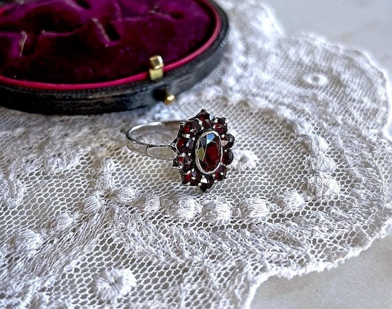 Vintage Bohemian Revival 900 Silver Garnet Cocktail Ring Size 6
