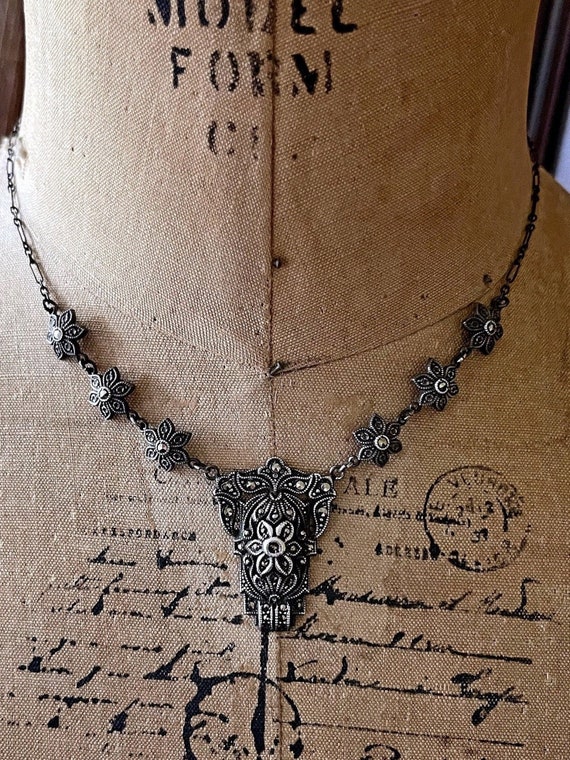 Stunning antique Edwardian 1910s Sterling Silver brilliant faceted Marcasite accented exquisite signed Bib Necklace