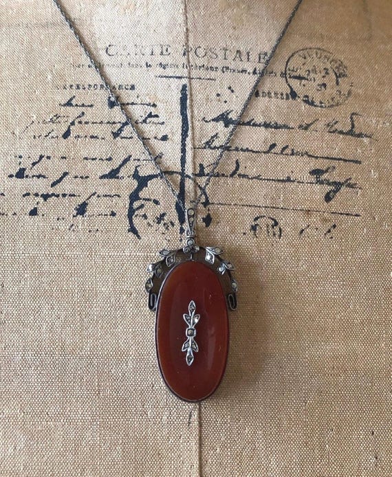 Antique Edwardian Belle Époque Sterling Silver luminous Carnelian Chalcedony faceted Marcasite Crystal Princess Pendant Necklace