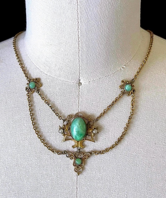 Antique Arts & Crafts Bohemian Revival gold Peking Glass Czech Glass genuine Seed Pearl accented Festoon Necklace