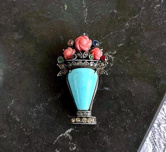 Unique antique Victorian Aesthetic Sterling Silver Robins Egg Blue and Coral Czech Glass Paste Stone accented Floral Bouquet Fur Clip