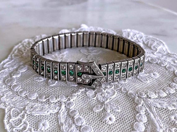 1925 Art Deco Sterling Silver Diamondbar Buckle Bracelet: Emerald and White Paste Stones