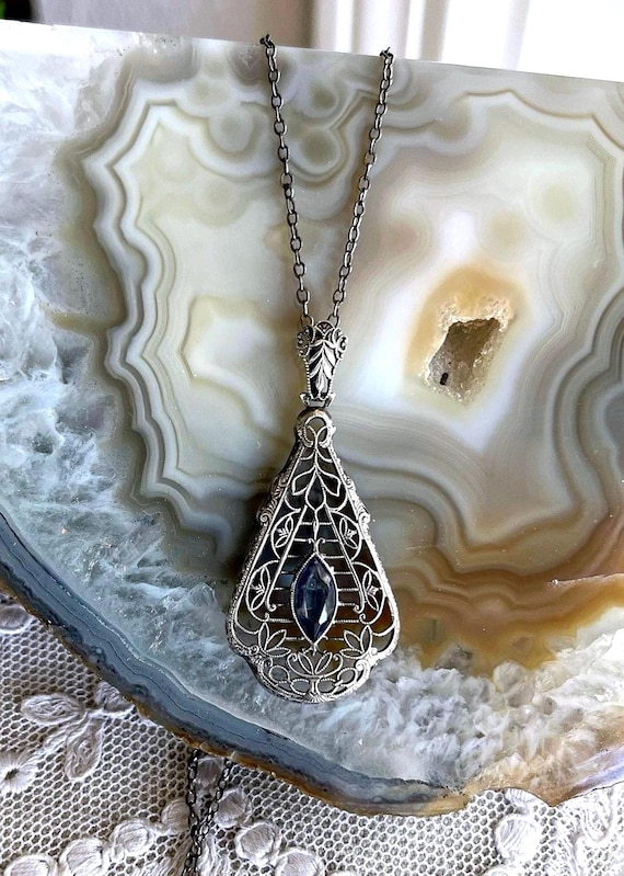 Elegant antique Edwardian Sterling Silver filigree faceted Blue Paste Stone delicate stamped Pendant Necklace