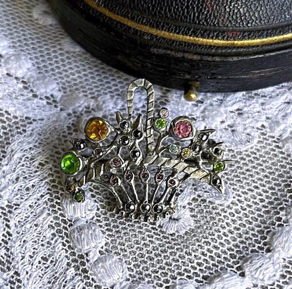 Rare antique Edwardian Giardinetti 900 Silver brilliant faceted Paste Stone accented exquisite stamped Garden Brooch