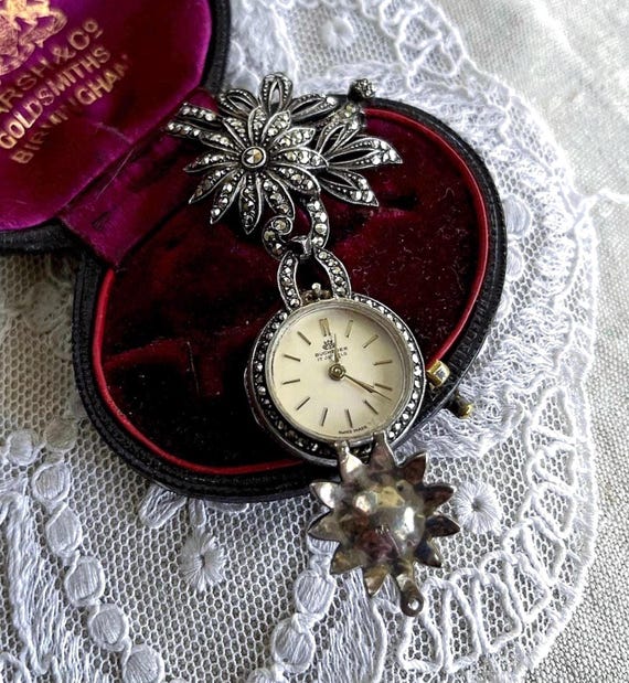 Vintage Carl Bucherer Marcasite Sterling Silver Lapel Watch Brooch