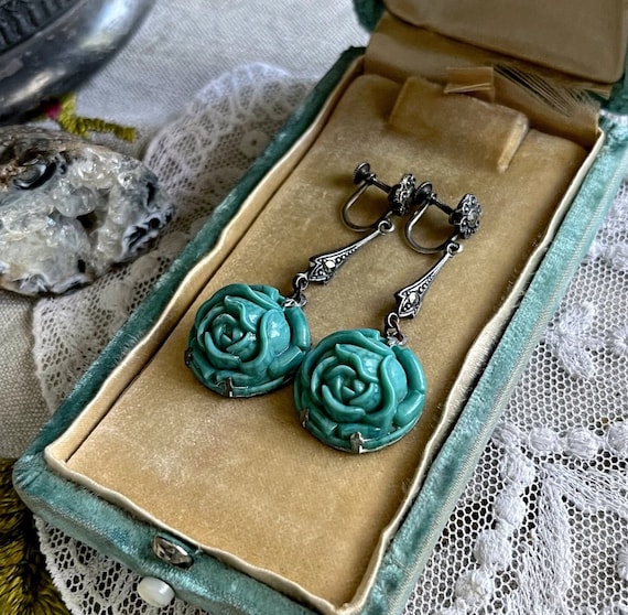 Unique antique 1920s Art Deco Sterling Silver molded  Rose Czech glass sparkling Marcasite accented stamped Screw Back Drop Earrings