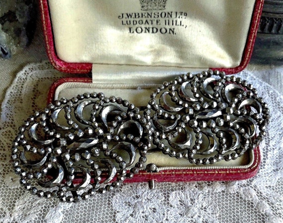 Antique France Victorian ornate Steel Cut 1800s complete stamped Haute Couture Belt Buckle set