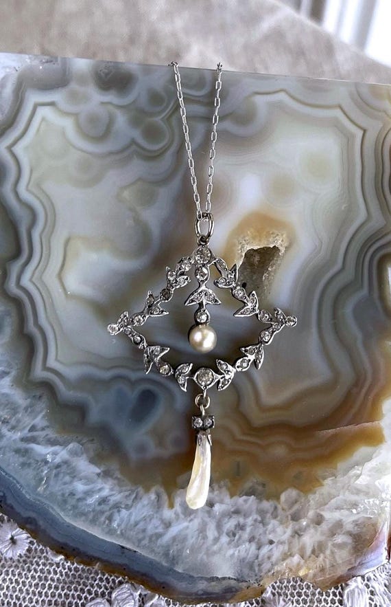 Edwardian Freshwater Pearl Paste Stone Pendant Necklace: Sterling Silver, 1910s Antique