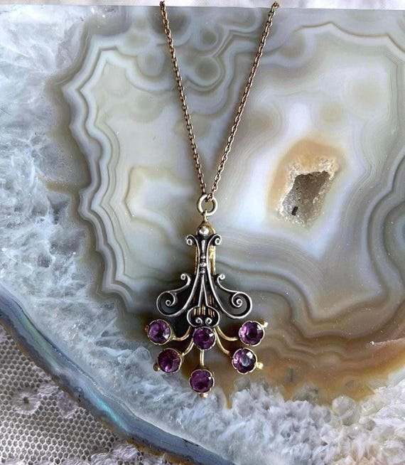 Antique French Edwardian Sterling silver gold rolled faceted Amethyst Paste Stones decorative Spray delicate Pendant Necklace