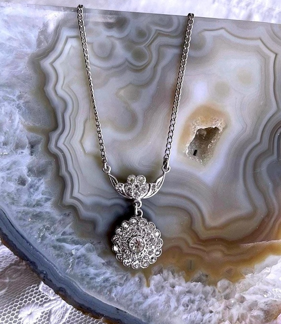 Antique 1920s Art Deco Sterling Silver Paste Stone Lavaliere Necklace