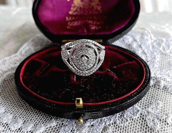 18K White Gold Pave Diamond Statement Ring, Size 8, Hallmarked, 1.5 Carat Genuine Diamonds