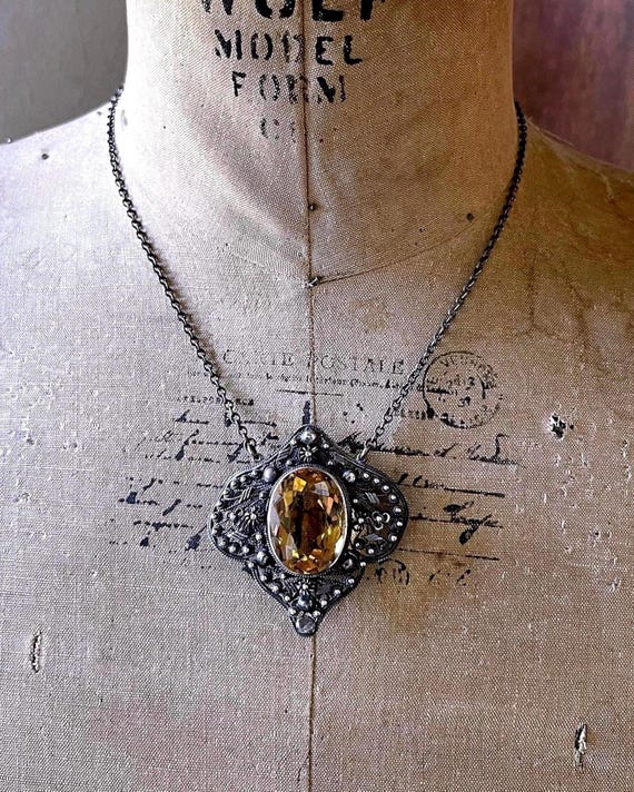 Antique Bohemian Revival Citrine Quartz Sterling Silver Necklace