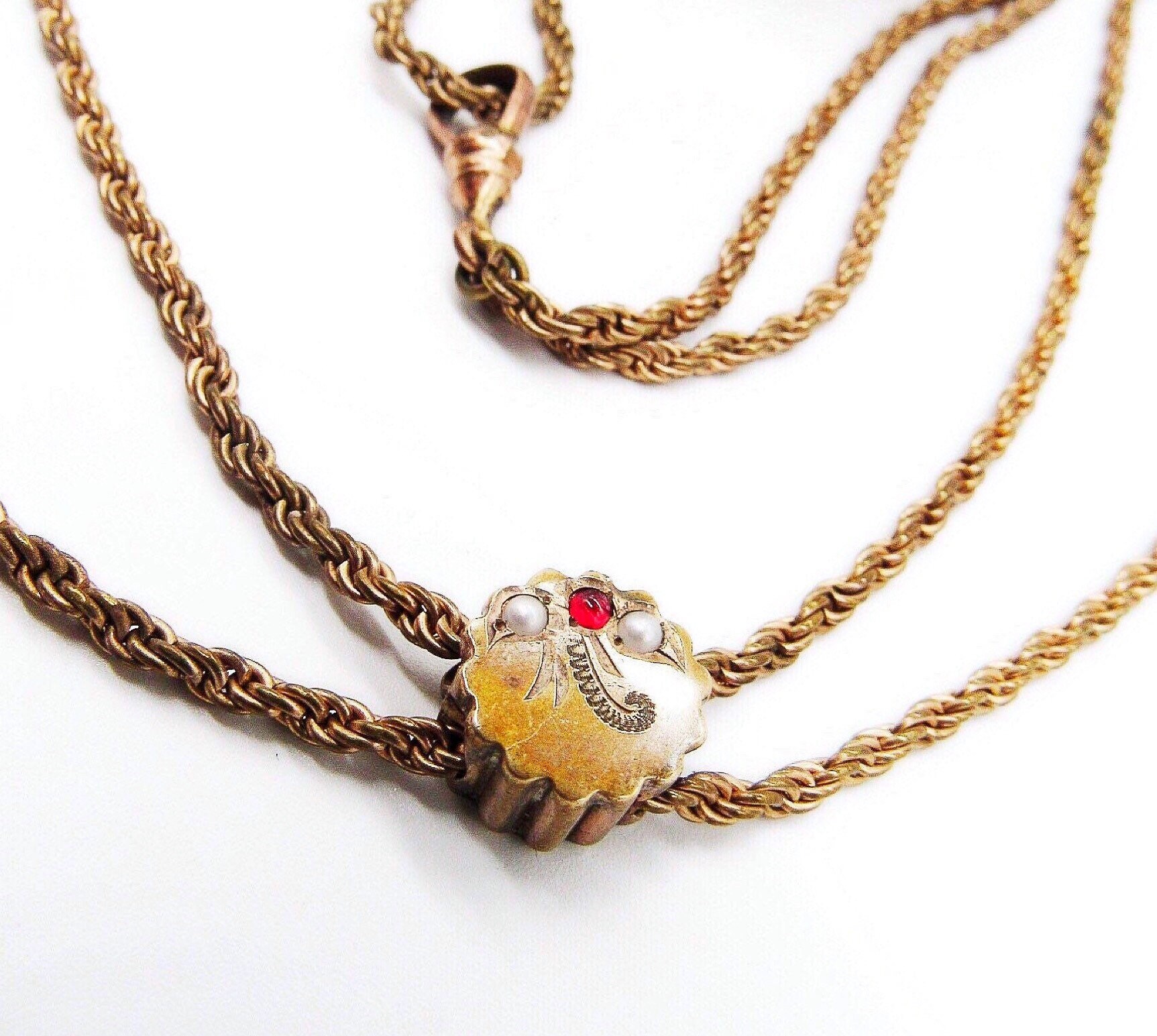 Antique Victorian seed pearl and gold filled slide double chain