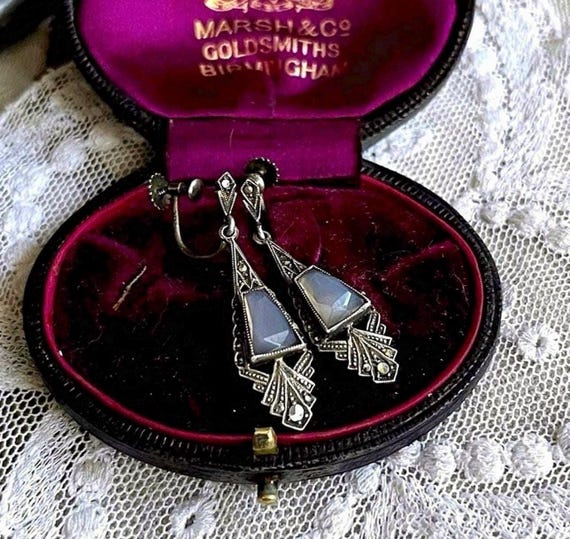 Gorgeous antique Edwardian 1910s Sterling Silver genuine Blue Chalcedony faceted Marcasite Crystal accented screw back Drop Earrings