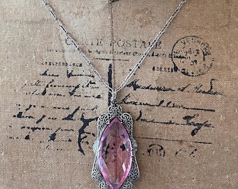 Fine antique Edwardian Belle Epoque 1910s-20s Rhodium Plated Filigree faceted Marquee Cut Pink Paste Stone beautiful Pendant Necklace