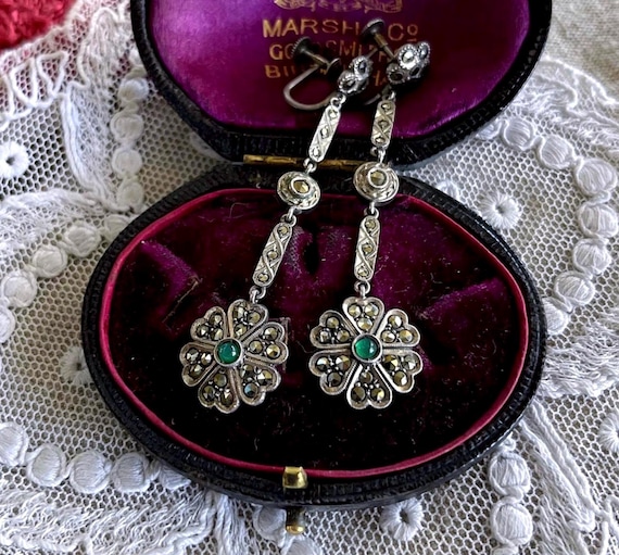 Edwardian Chrysoprase Sterling Silver Drop Earrings: Marcasite Accents